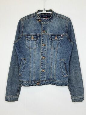 Vintage Tommy Hilfiger Jeans Moto Denim Jacket Womens Small Stonewash Blue Y2K